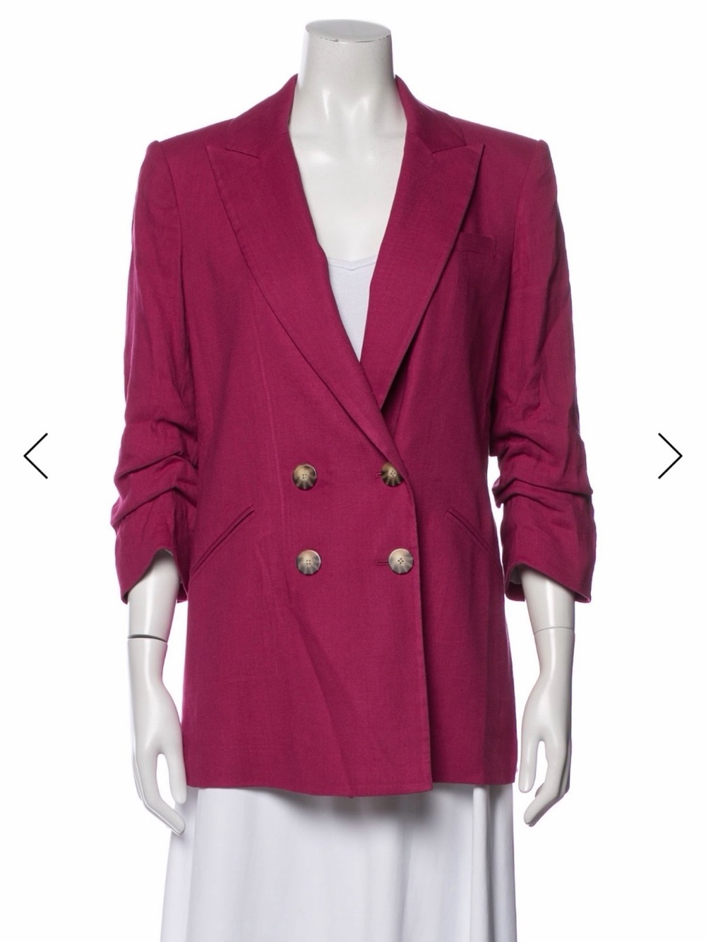 Veronica Beard Double-Breasted, Ruched Sleeve, Linen blend Blazer in Fuchsia